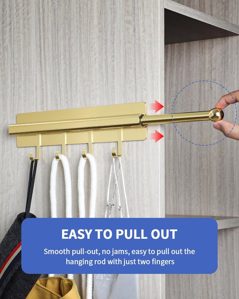 BaiNong Adhesive Valet Rods for Closets Gold Closet Valet Rod with Hooks 12 inch valet rod for closet pull out Valet Rods for Closet Storage and Organization Storage Clothes Hanger - Image 5